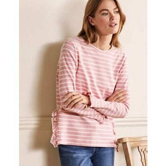 Boden Frilled Side Split Jersey Top pink white stripe ruffle cuff size 6 - Picture 3 of 9